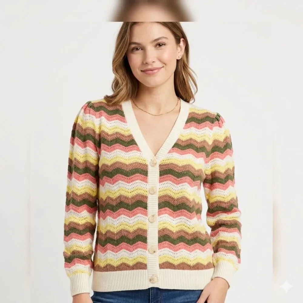 AnyBody Chevron Pointelle Knit Puff‎ Sleeve Cardigan - Size XL